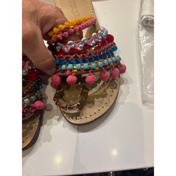 Mystique Tokyo Gladiator Pom Pom Rhinestone Roman Slides Leather 37 7 - Picture 4 of 8